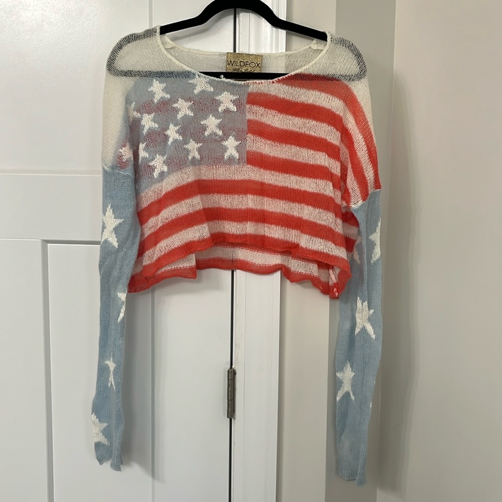 Wildfox White Label Cropped American Flag Open Crochet Knit Sweater